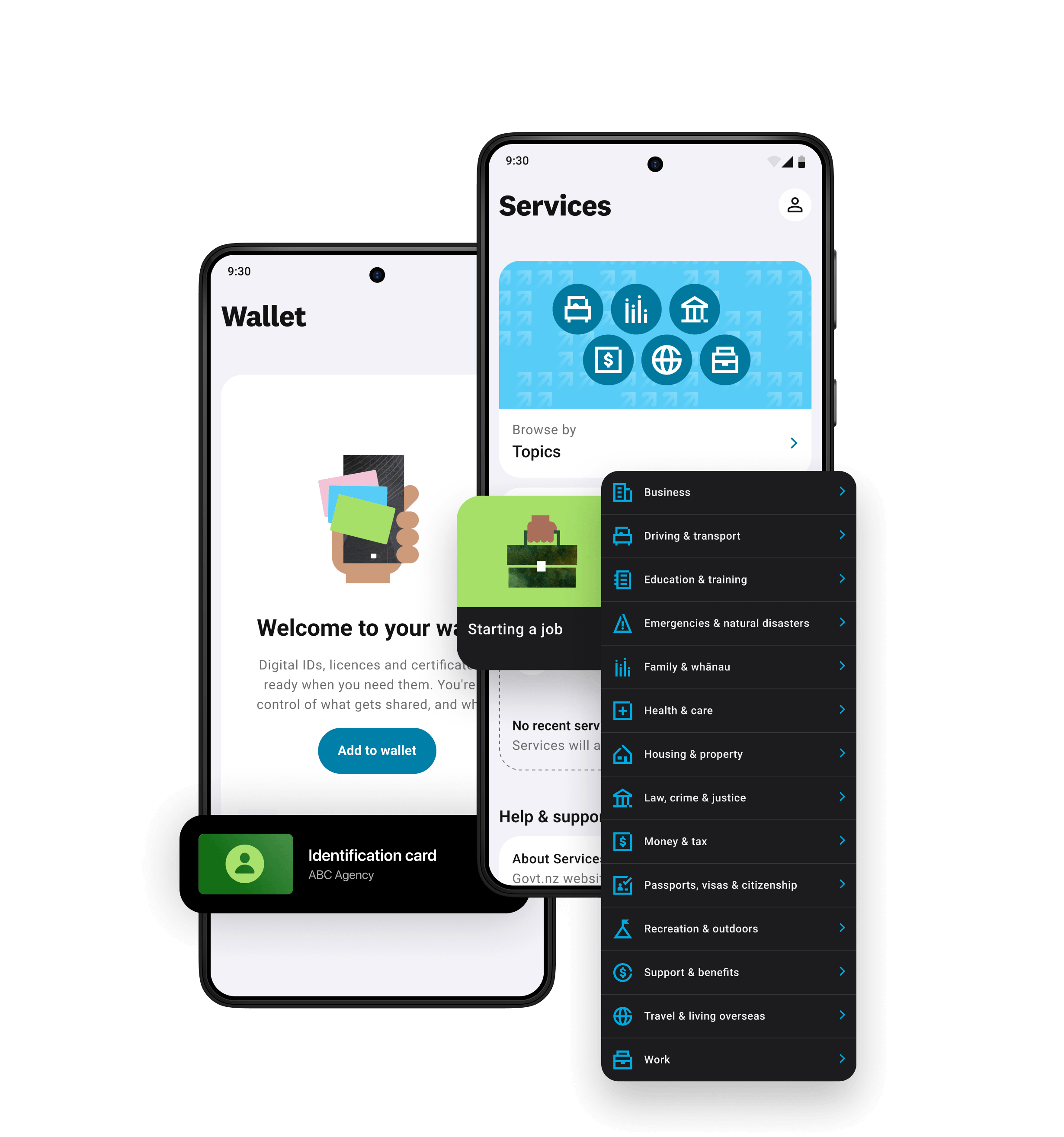 Govt.nz app product experience shown across multiple app screens