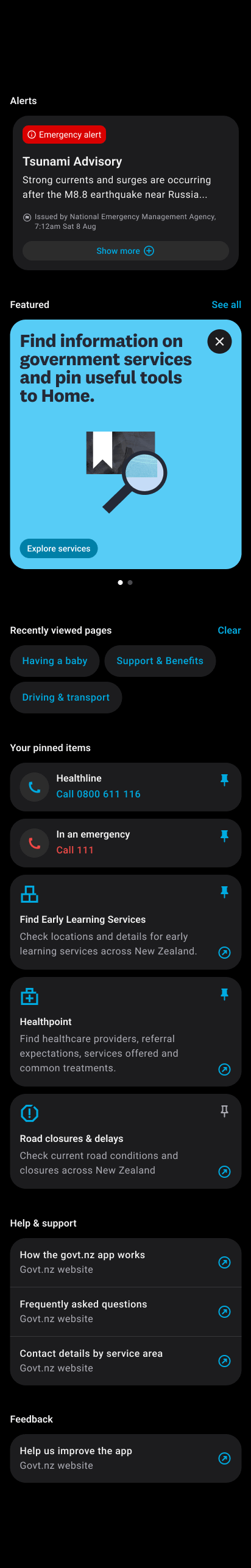 Govt.nz app home screen